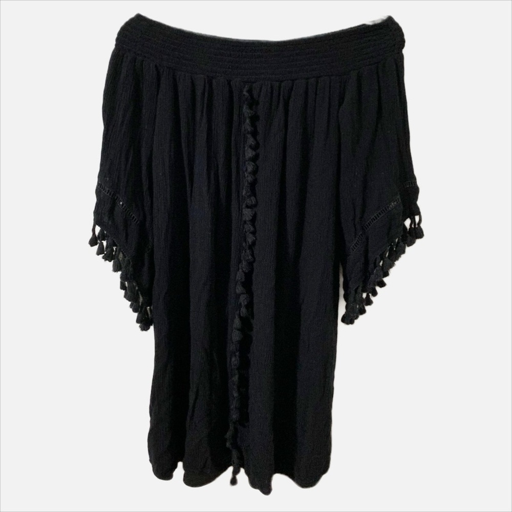 Love Fire Off the Shoulders Boho Gauze Mini Dress with Tassel Fringe Cutouts ⬛️